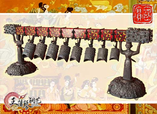 8件古編鐘，銅人銅座裝飾，可發(fā)音